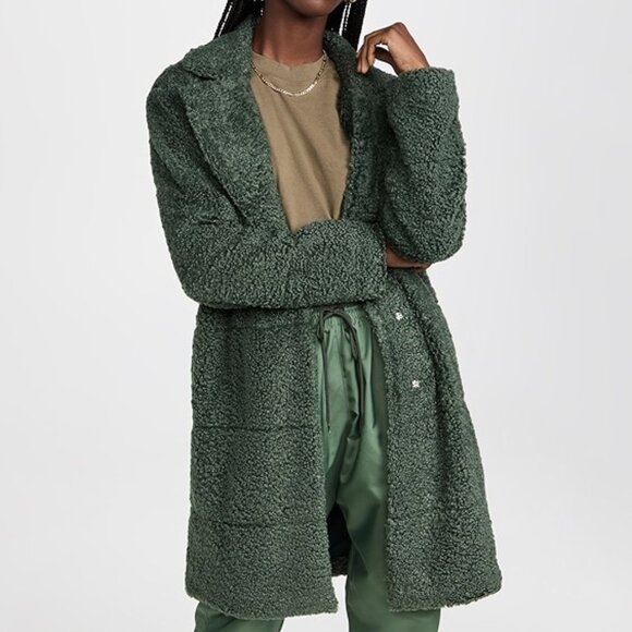 Monrow Teddy Coat Women L Green Faux Fur Sherpa Mid Length Chic Edgy Mob Wife - Picture 1 of 15
